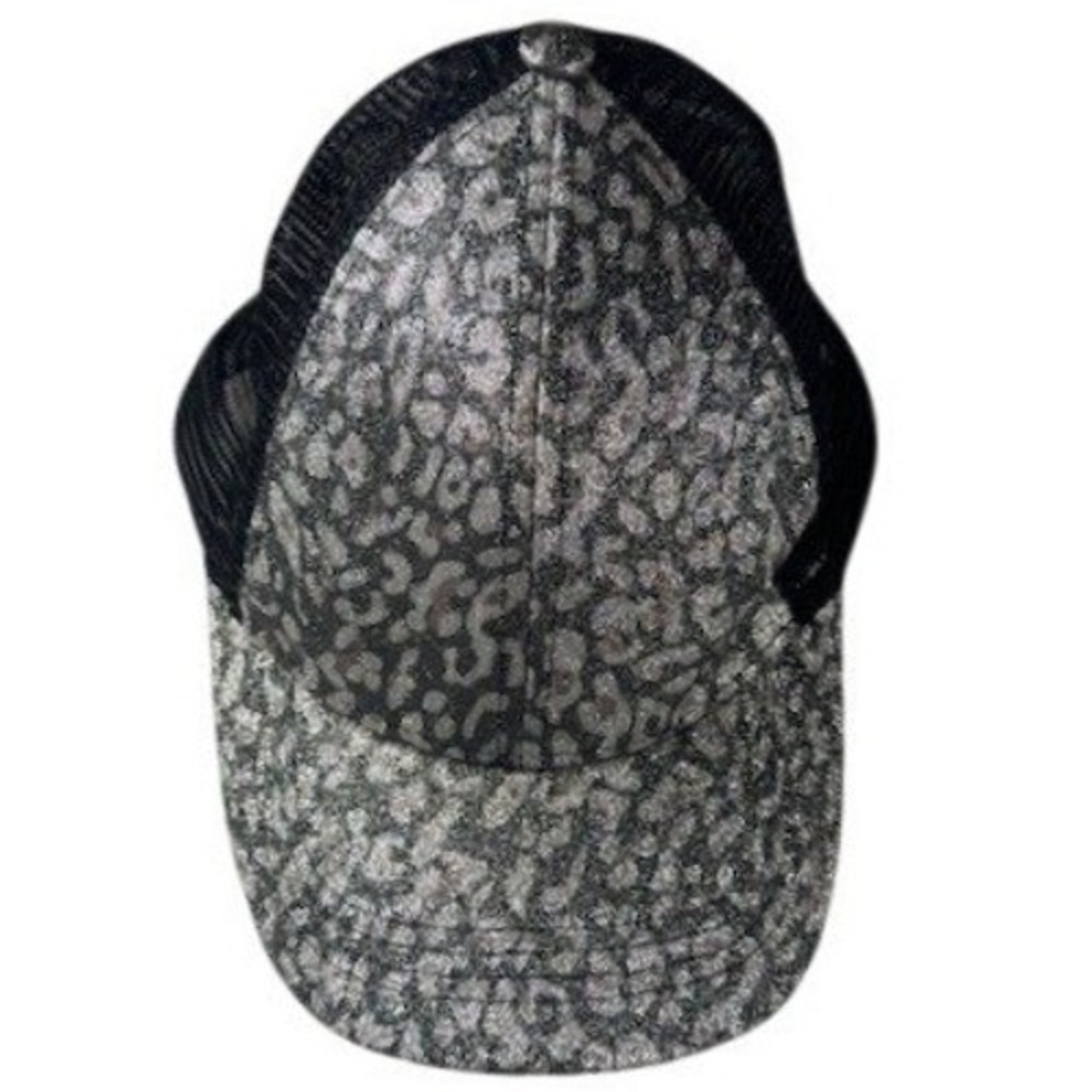CC‎ Beanie Womens Leopard Print Ponytail Trucker Hat Silver Black Metallic Mesh